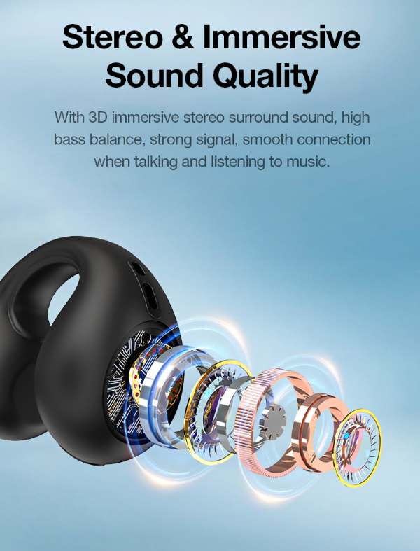 Open Ear Wireless Earbuds Bluetooth 5.3 Clip On Earphones Bone Conduction Headphones with Microphone 24Hrs Playback Charging Case Waterproof for Gym Workout Running Sport